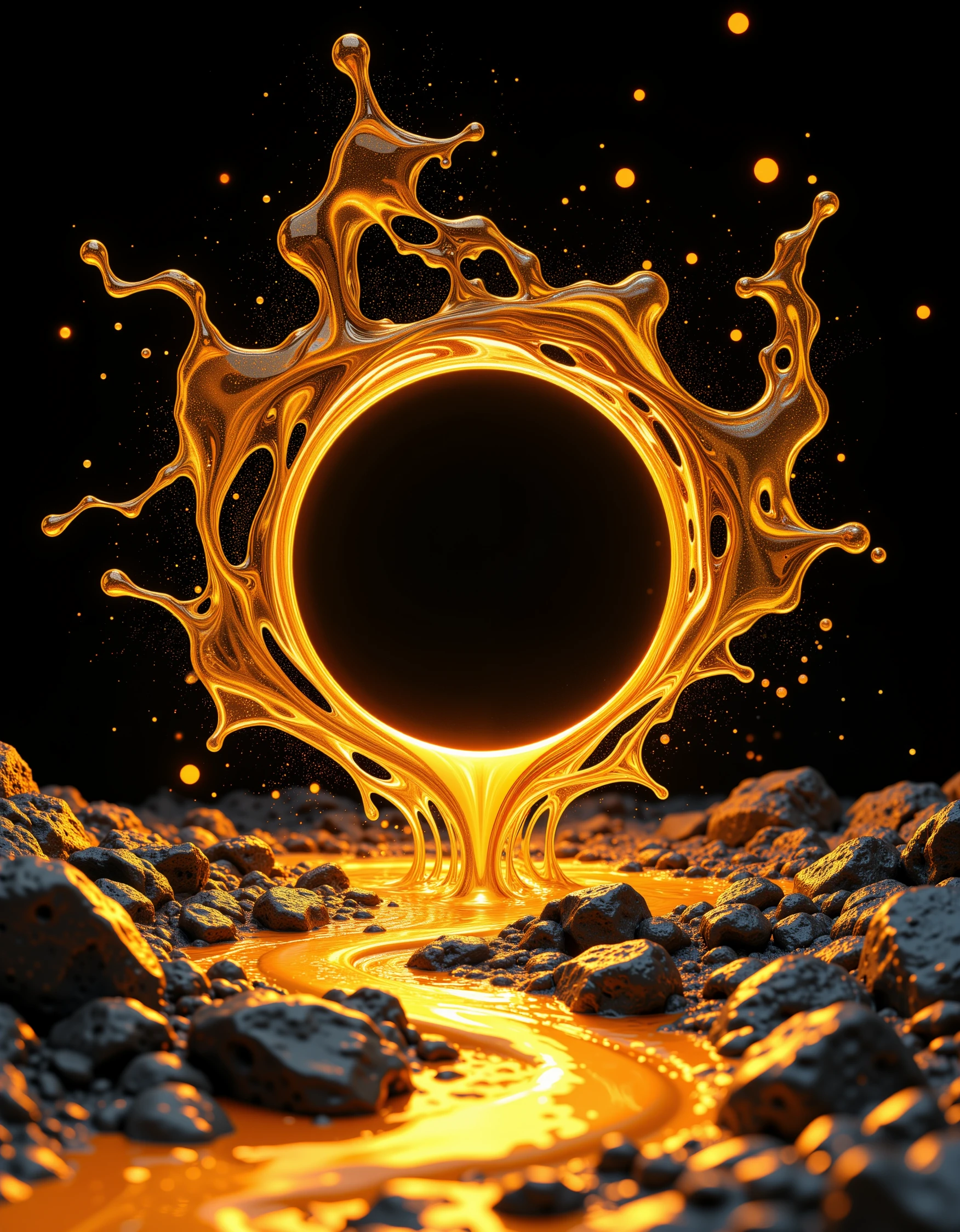 The liquid gold portal opens up to the light soaked paradise beyond. Black background. Fine detailed chemical reaction in the cosmic void. A portal rips thrugh the universe like flowing liquid. Glowing atmospheric phenomena. Abstract undulation.