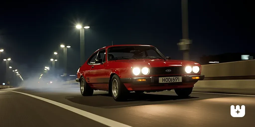 1978 Ford Capri S driving in the night, lights on