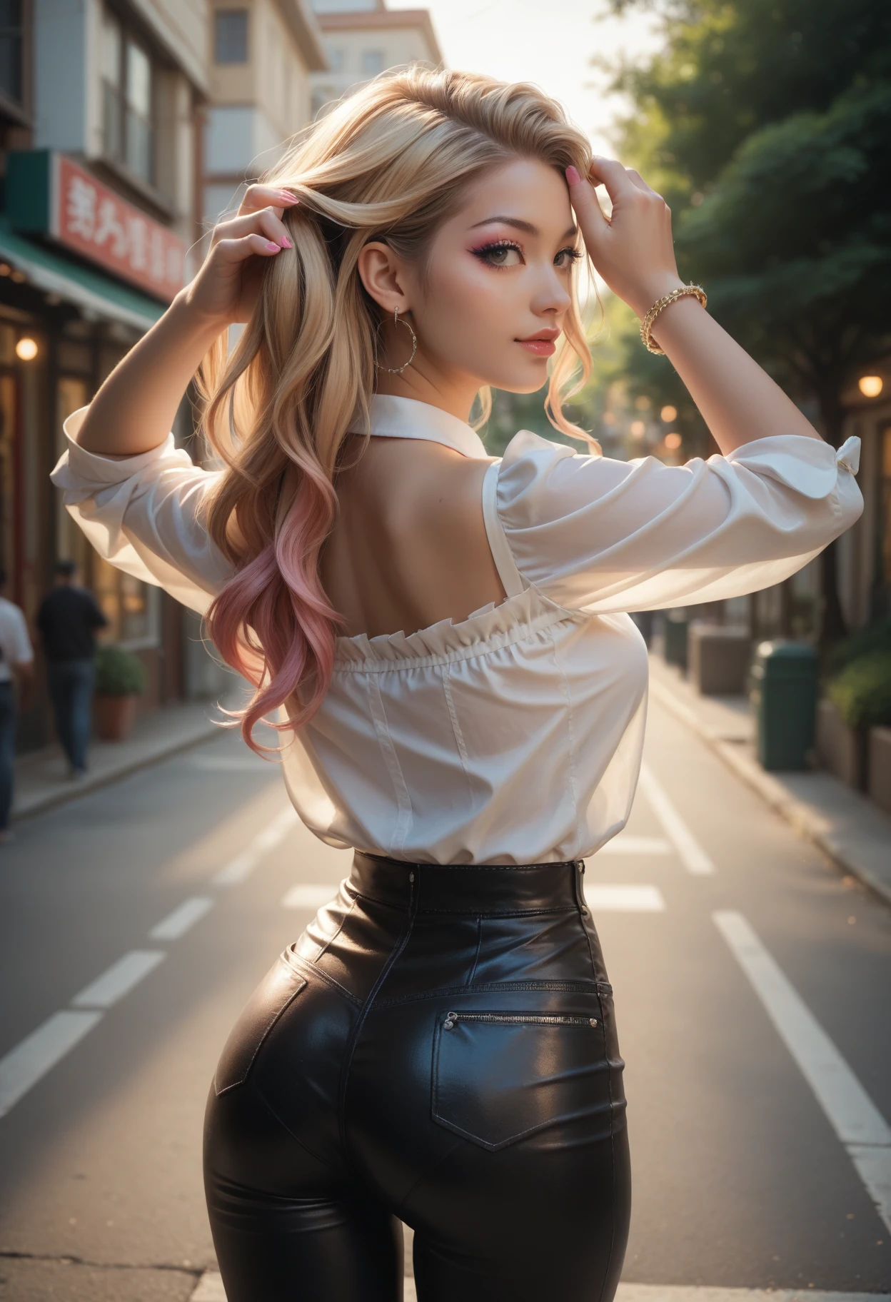 score_9, score_8_up, score_7_up, score_6_up, rating_safe, source_anime.
woman, japanese, gyaru, adjusting hair, sexy, white blouse, frills, leather leggings, from back, outdoor, bokeh.
Realistic photo, extremely detailed, fine details, fine texture, incredibly lifelike