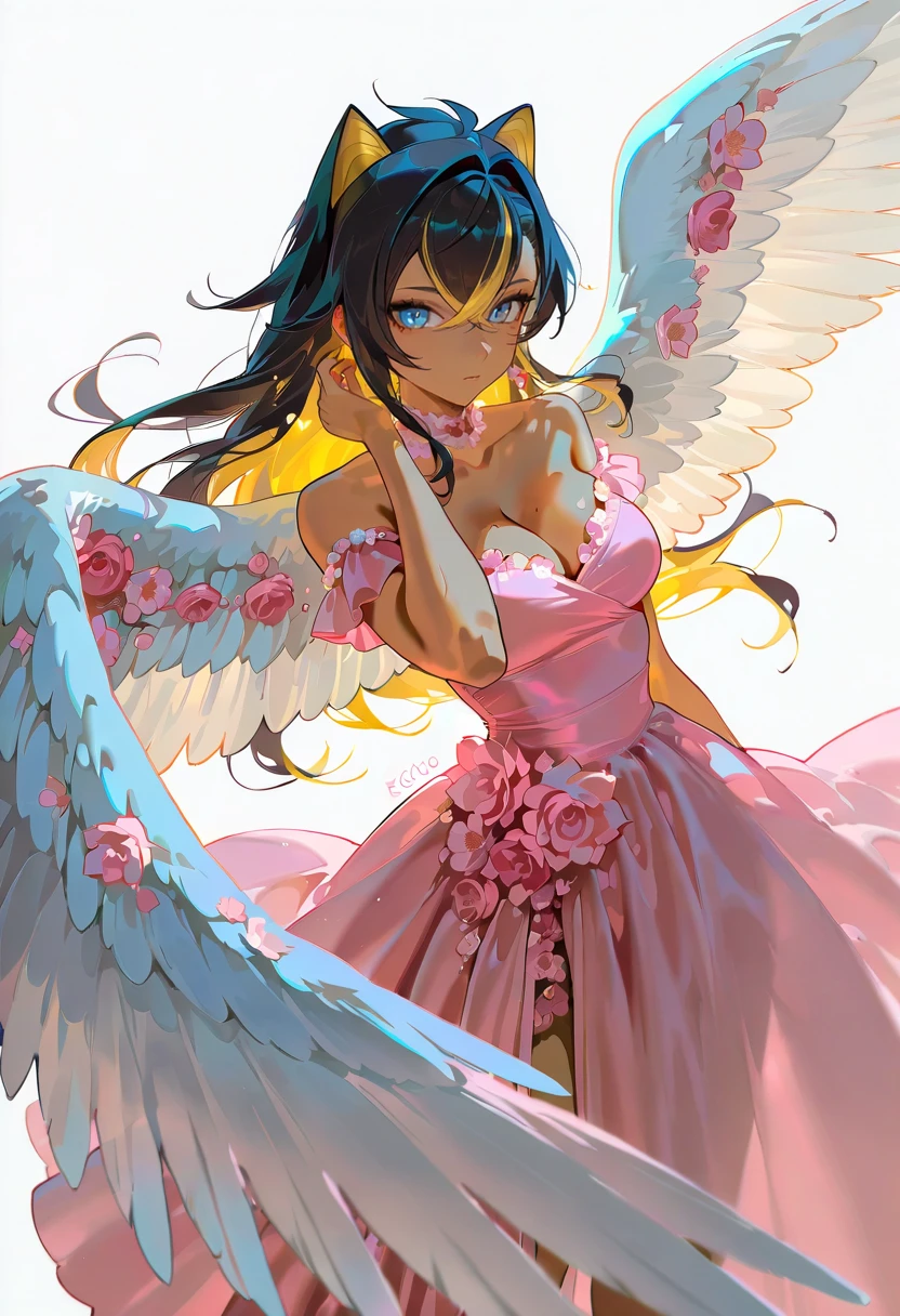 1girl,solo,looking at viewer, echo (circa),rf gown, pink flower, pink dress, flower, angel wings,dehya_(genshin_impact)