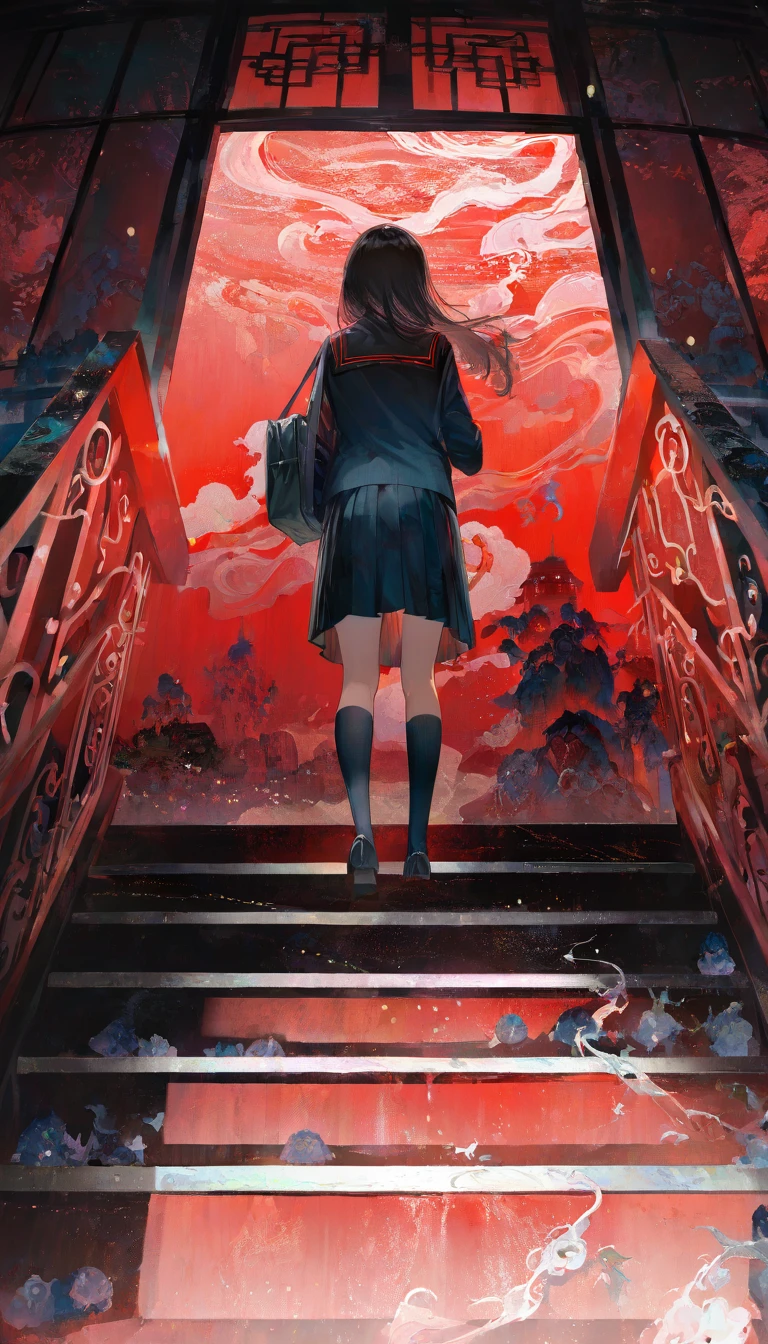 masterpiece, best quality, good quality, very aesthetic, absurdres, newest,  red theme, 1girl, black socks, pleated skirt, school uniform, from behind, shoulder bag, shoes, stairs, kneehighs, loafers, long hair, from below, long sleeves, serafuku, horror (theme), black hair, black sailor collar, standing, facing away, full body, black skirt, school bag, jacket,chinese ink painting style, (chinese style:1.2)