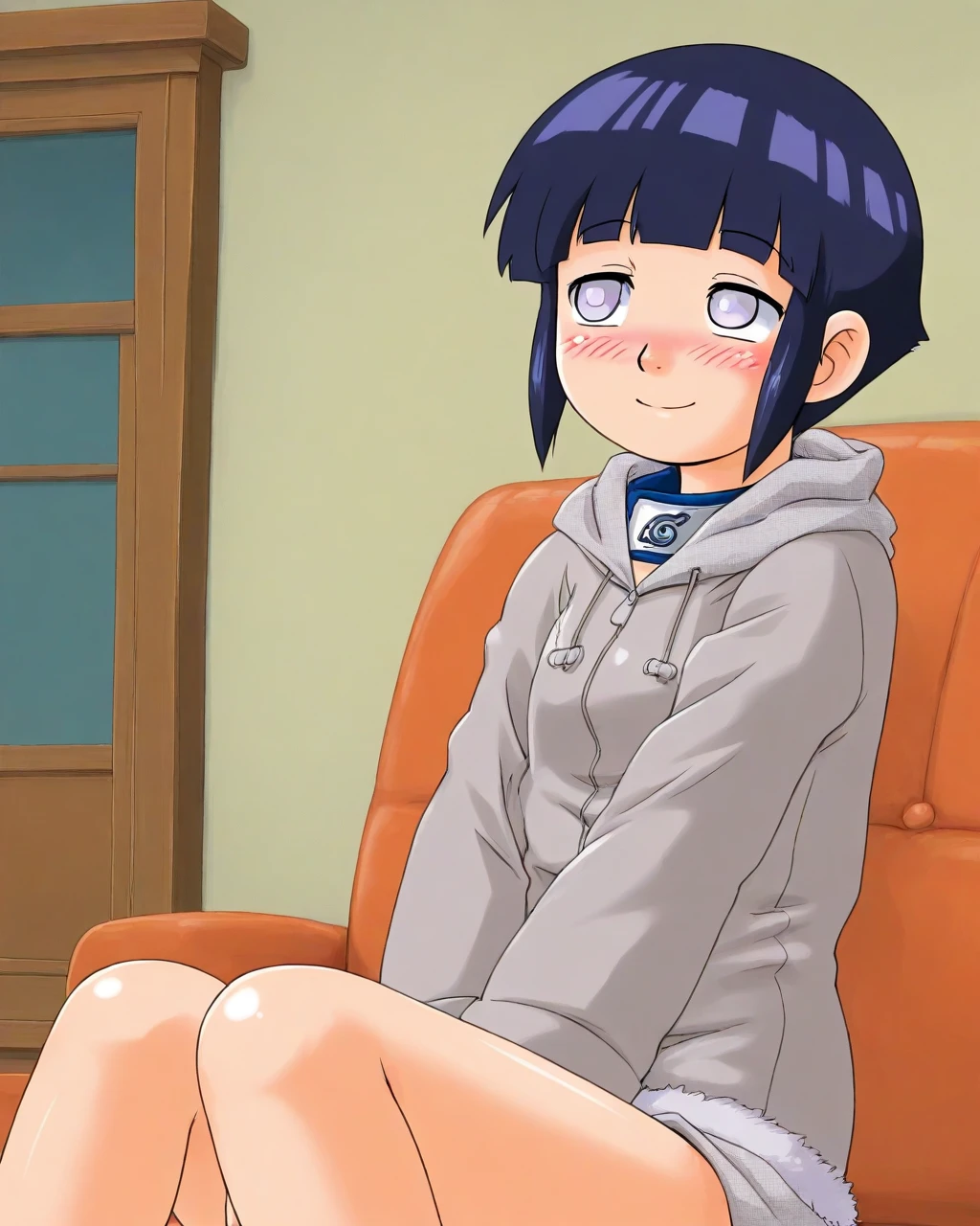 masterpiece, best quality, hoshinofuuta, 1girl, solo, hinatagenin, grey jacket, smile, blush, v arms, looking away, sitting, upper body, living room

