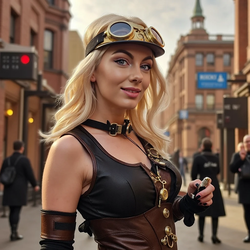 A blonde cosplayer, aged 25, in a steampunk-inspired outfit with brass goggles, a corset, and Victorian-era accessories. Her outfit is detailed with gears and leather straps. She stands in an industrial cityscape with a mix of steam-powered machines and Victorian architecture. The scene is filled with warm, golden lighting, and her blonde hair is styled in a retro wave. The atmosphere is whimsical yet industrial, with sharp focus on the costume details.<segment:yolo-face_yolov9c.pt-1,0.7,0.5//cid=1>photograph of a woman