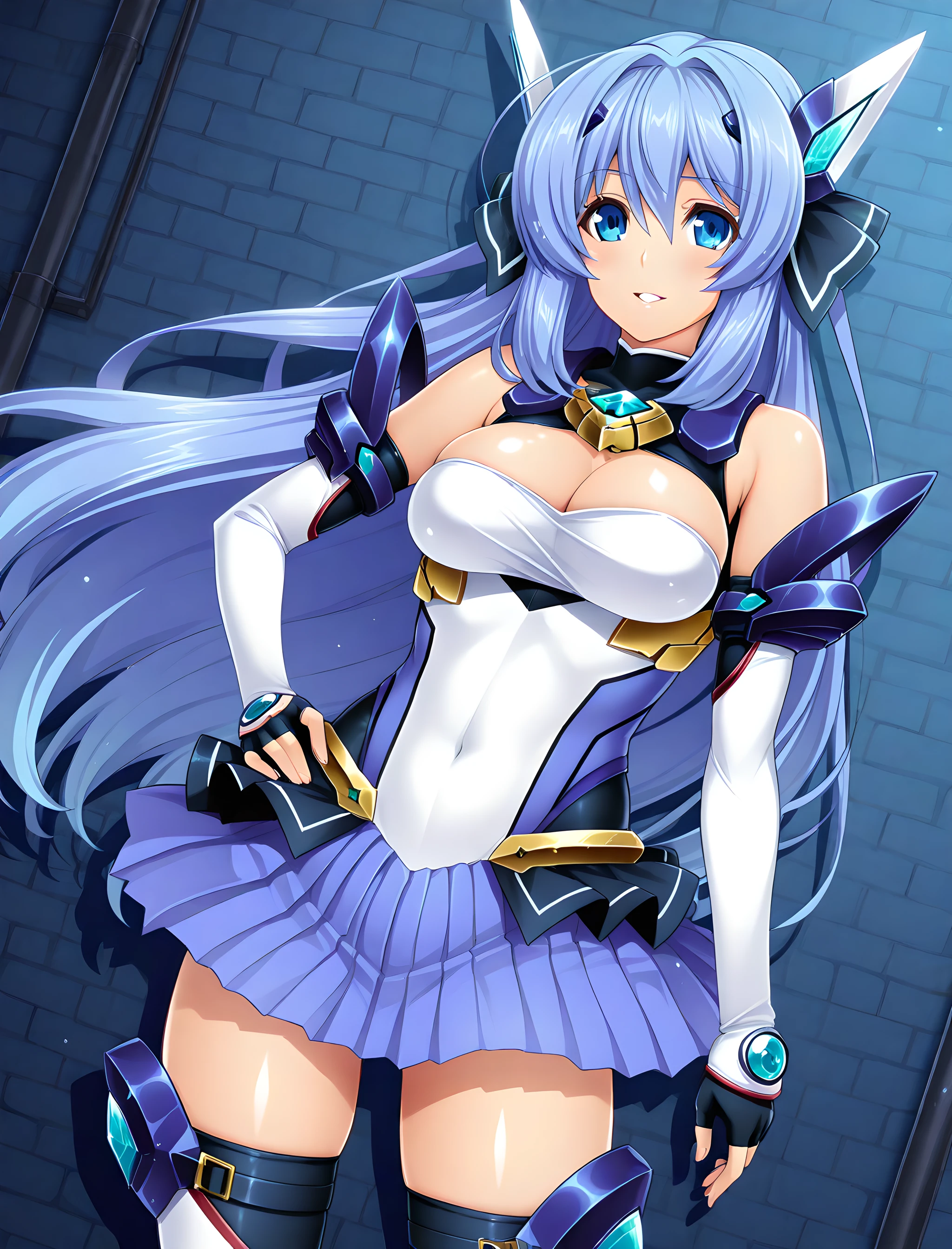 marina katsuragi, exstia, 1girl, , blue eyes, solo, gloves, skirt, fingerless gloves, cleavage, long hair, hand on hip, thighhighs, parted lip, blue hair, dark alleyway background, smile, black gloves, upper body, <lora:MarinaKatsuragiIllustXL:1>, (masterpiece),(best quality),(ultra-detailed),(best illustration),(best shadow),(absurdres),(detailed background),(very aesthetic),