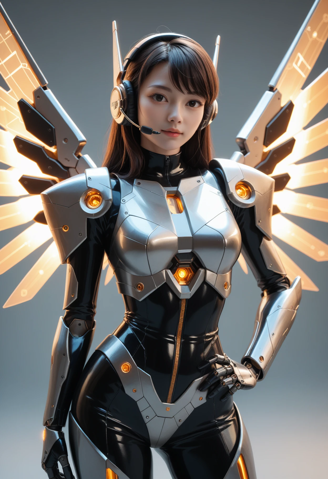 score_9, score_8_up, score_7_up, score_6_up, rating_safe.
woman, (hand on hip:1.1), korean, headset, chrome, futuristic armor, glowing circuits, geometric, angluar shapes, latex joints, mecha wings, intricate pattern, gradient background, cinematic.
Realistic, extremely detailed, fine details, fine texture, incredibly lifelike