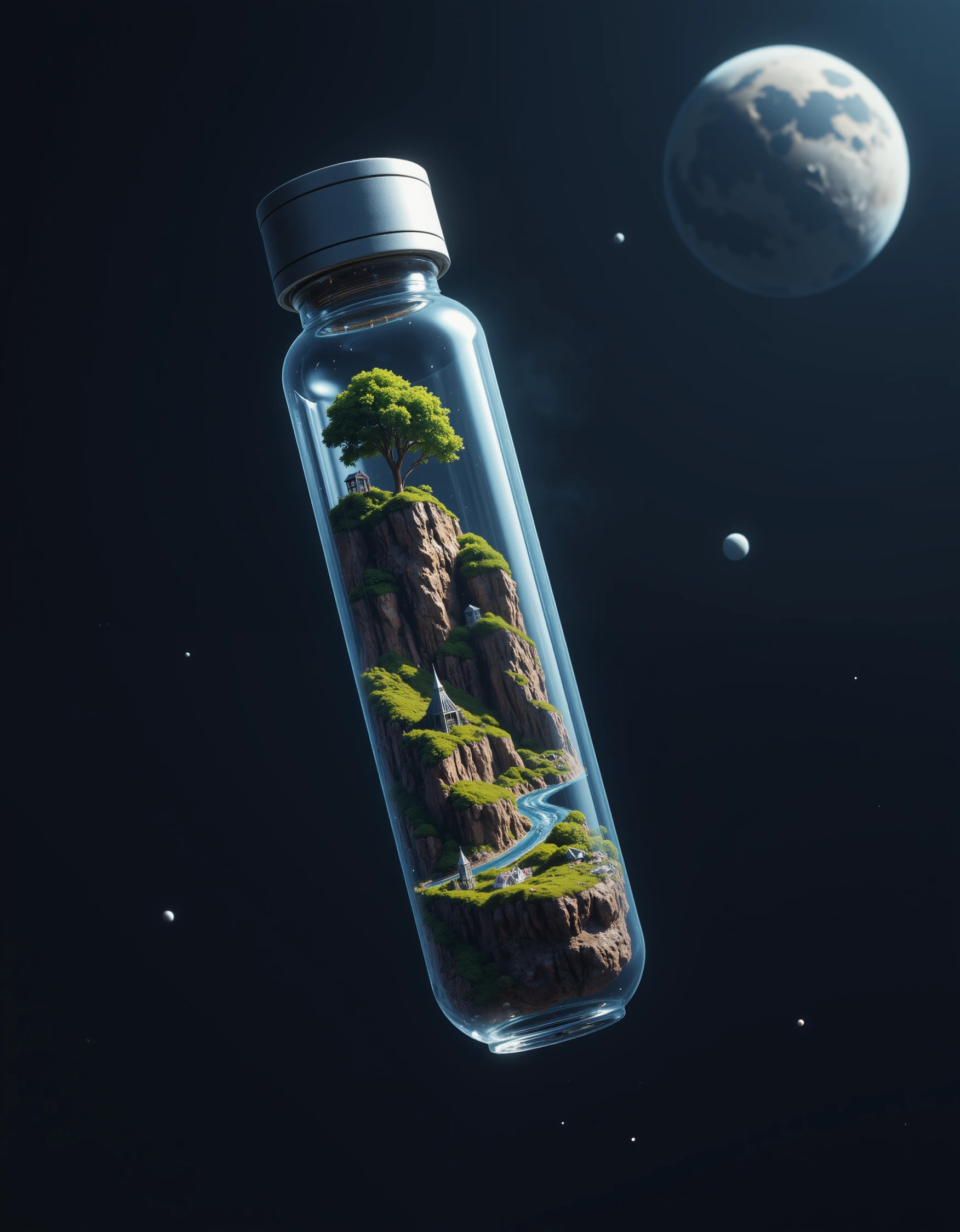 Floating in the darkness of space with a planet in the far distance. A glass cannister with metallic sealed ends. Inside the glass container is a visible ecosystem of tiny plants and biomes. Cliffs mountains rivers and sci-fi cities all contained inside of the glass tube.