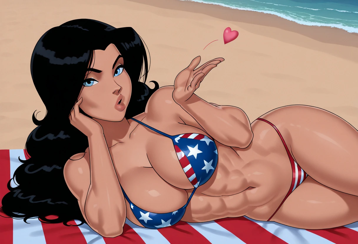 masterpiece, highres, (very high detailed female body), <lora:Donna_Troy_-_Something_Unlimited:0.8>, Donna Troy, 1girl, lips, long hair, black hair, blue eyes, looking at viewer, happy, (puckered lips:1.6),
, cleavage, (American flag print ), (beach), (beach background), (blowing kiss:1.2), lying on side, navel, toned