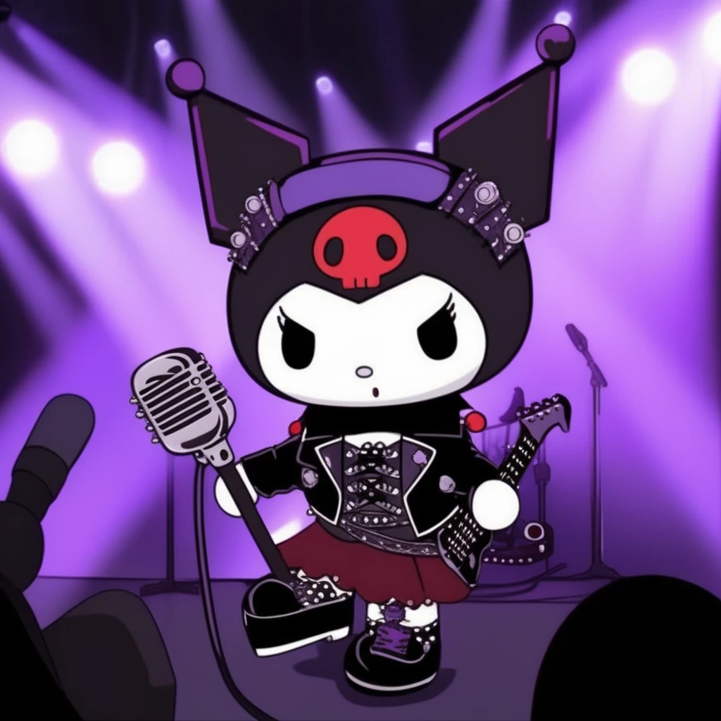 Gothic style Kuromi, gothic attire, black leather jacket, lace corset, spiked choker, holding a microphone, dramatic stage lights, vibrant purple and red spotlights, electric guitar in background, fisheye lens perspective, dark crowd cheering, smoky atmosphere, punk rock energy <lora:kuromi:1> kuromix . Dark, mysterious, haunting, dramatic, ornate, detailed