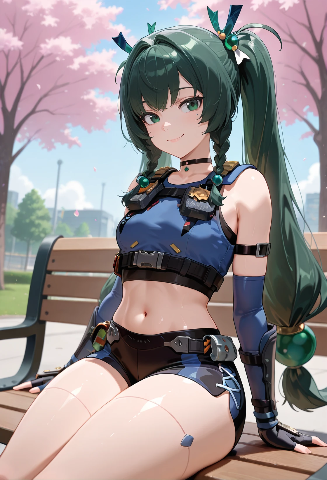 masterpiece,best quality,absurdres, amazing quality, shiny skin
park, cherry blossoms, cowboy shot, smile, sitting, park bench, on bench,
<lora:Qingyi:1> qingyiil, 1girl, long hair, green hair, twintails, green eyes, shorts, gloves, navel, midriff, crop top, braid, twin braids, hair ornament, elbow gloves, (simple choker), short shorts, black gloves, fingerless gloves, android, small breasts, sleeveless, arm strap, very long hair, thighs,