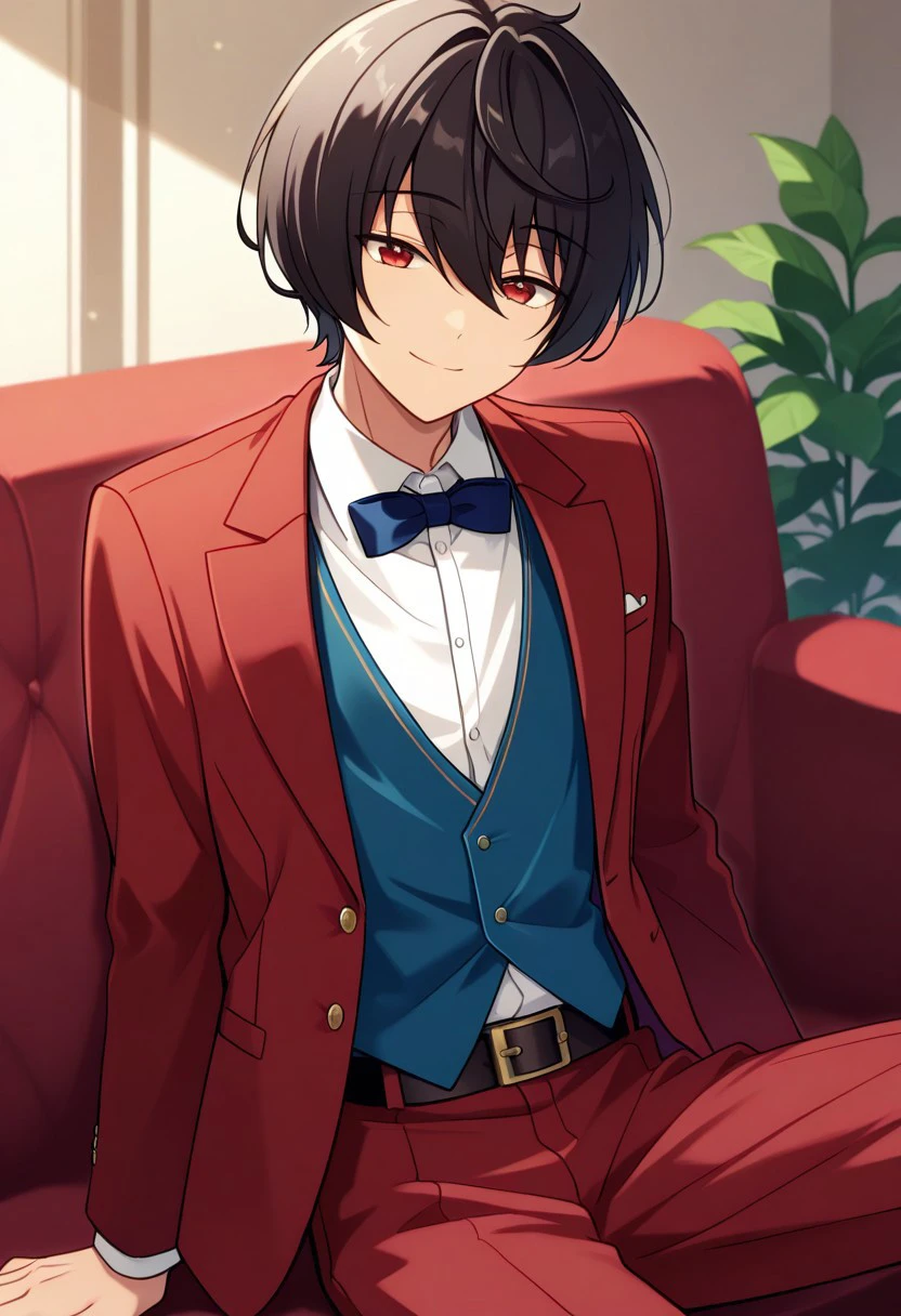 masterpiece, best quality, 
ritsusakuma, 1boy, male focus, solo red eyes, black hair, short hair, bangs, hair between eyes, formal, shirt, dress shirt, white shirt,  bowtie, vest, blue vest, jacket, red jacket, long sleeves, belt, red pants
indoor, couch, sitting, smile