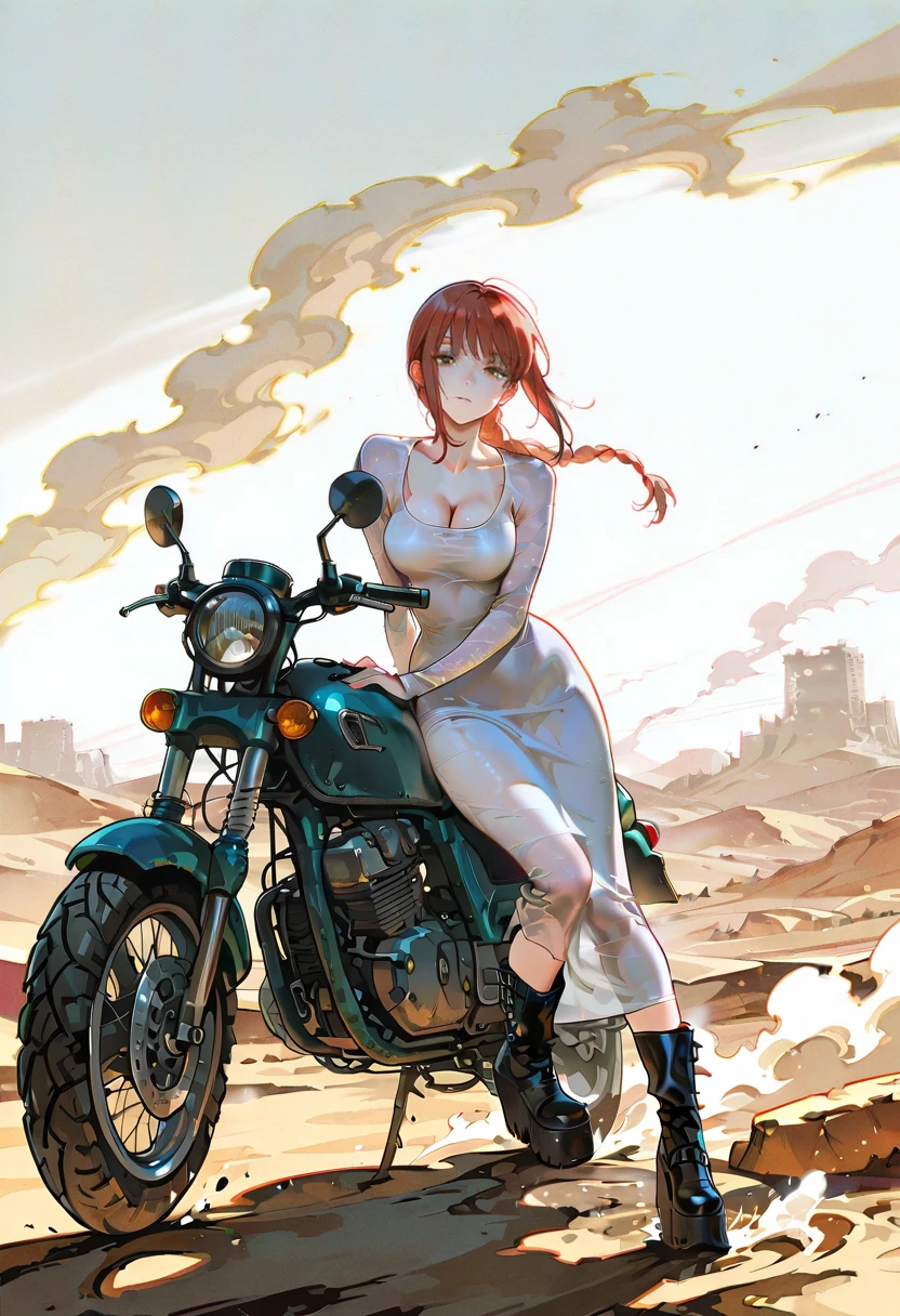 1girl,solo,looking at viewer,ikeda ruriko, desert, dust storm, sm dress, see-through,platform boots, white dress, cleavage, black footwear, makima_(chainsaw_man),post-apocalypse,ground vehicle,