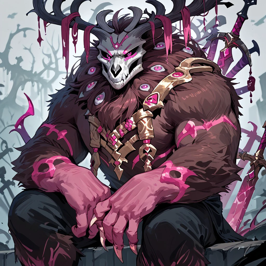 score_9, score_8_up, score_7_up, score_6_up, 1boy, solo, TPvolibear, skull head, antlers, pink eyes, swords in back, sitting,