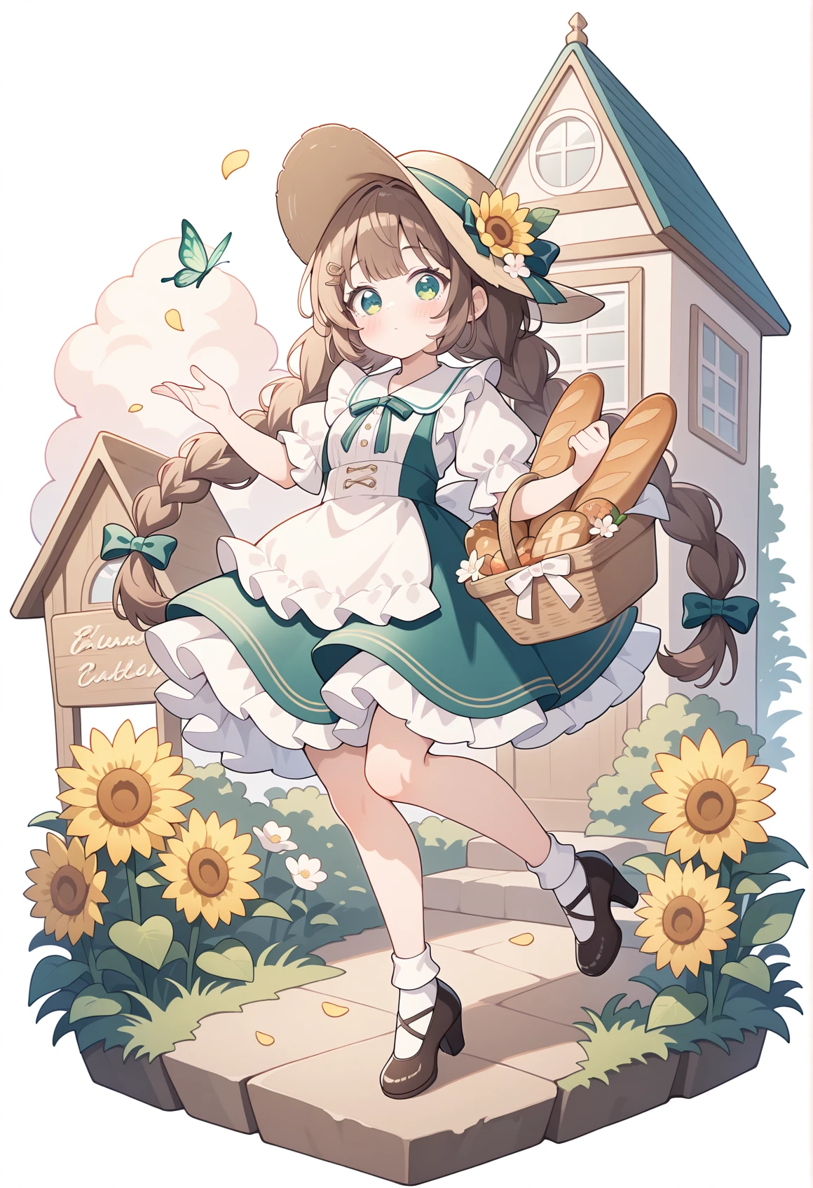 1girl,flower,solo,long hair,green eyes,very long hair,bug,hat,short sleeves,bird,holding,butterfly,basket,socks,baguette,bread,braid,bangs,brown hair,frills,green bow,shirt,bow,white shirt,blush,standing,sunflower,standing on one leg,cloud,holding basket,hat flower,puffy sleeves,skirt,hair bow,white socks,closed mouth,sign,animal,dress,high heels,food,puffy short sleeves,shoes,hair ornament,yellow flower,petals,full body,frilled dress,twintails,looking at viewer,bobby socks,white background,english text,green ribbon,outdoors,window,green skirt,white flower,
simple background,white background,pastel colors,CUTE2712,<lora:CUTE2712_Illustrious by Cyql.:1>,
perfect quality,high quality,masterpiece,best quality,amazing quality,very aesthetic,Cinematic Lighting,newest,Tactical use of shadow,