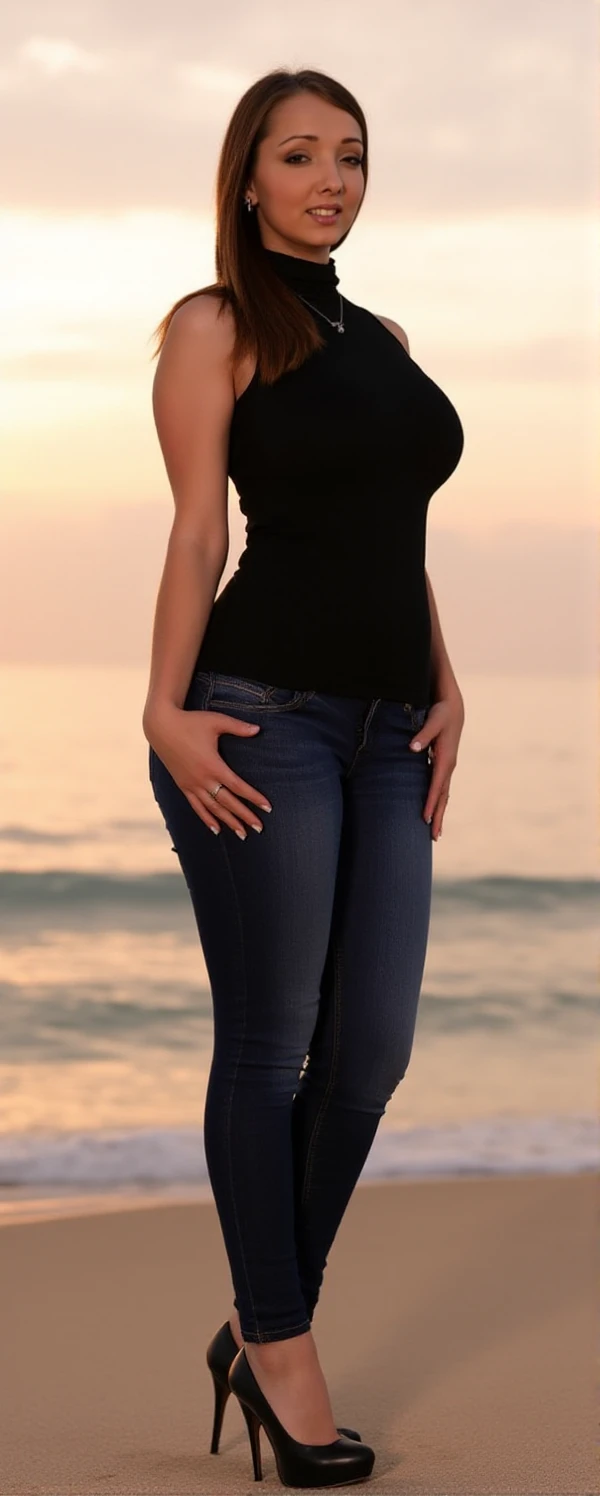 <lora:Lucie Wilde:0.9> lucie wilde, a woman, full body, wearing a black turtleneck and tight jeans and higheels. She poses on the beach at sunset.