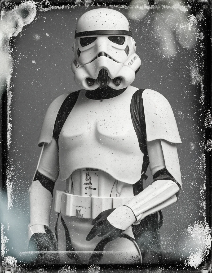 damagedphoto high fashion photo of female stormtrooper,
border, corners, crease, fingerprints, foggy, heavy damage, liquid stain