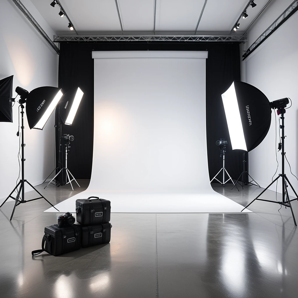 A professional photography studio with a clean, modern design. The room has smooth white walls and a polished concrete floor. A large white backdrop extends across one wall, seamlessly curving into the floor to create an infinity effect. Positioned directly in front of the backdrop is a high-end DSLR camera mounted on a sturdy black tripod, aimed toward the scene for shooting. The camera has a visible lens and adjustment dials, indicating a professional setup. On either side of the backdrop are two large softbox lights mounted on adjustable stands, emitting a soft, even glow. In the background, there are black equipment cases stacked neatly against the wall, adding to the organized workspace. The overhead fluorescent lights illuminate the space evenly, and faint reflections of the setup can be seen on the smooth floor. The overall atmosphere is bright, clean, and professional, emphasizing functionality and creative potential.
<lora:SDXLFaeTastic2400:0.4> <lora:extremely_detailed:0.4> extremely detailed, Masterpiece,best quality,hi res,8k,hi res,8k,award winning,(sharp focus, intricate, highly detailed),