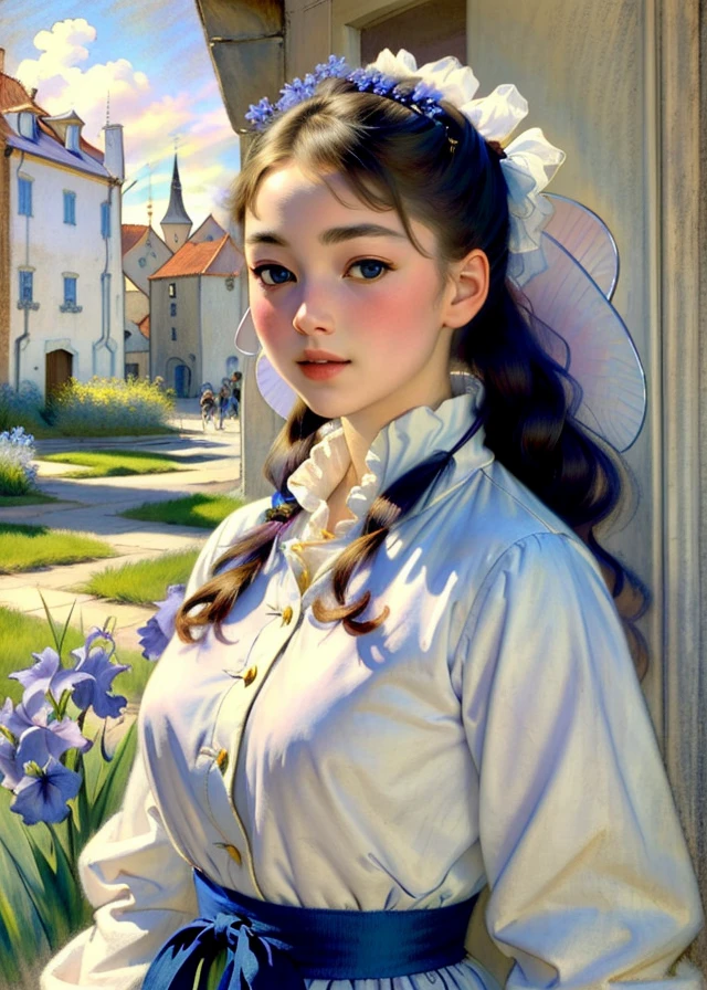 Painting of a woman in a white dress and a blue sash - SeaArt AI