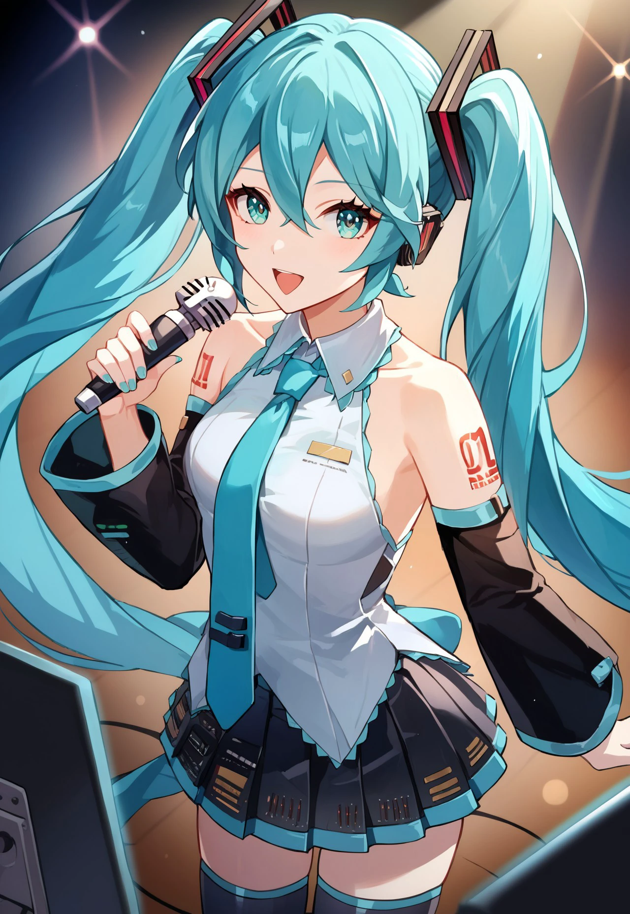 score_9, score_8_up, score_7_up, score_6_up, 8k, highest quality, high detail, masterpiece, best quality, beautiful lighting, (highest quality), source_anime, (best shadow), intricate details, ultra-detailed face, detailed eyes, perfect face, detailed eyes, anime, source_anime, (1female, hatsune miku, absurdly long hair,aqua hair,twintails,hair ornament,sidelocks,hair between eyes,parted bangs,aqua eyes, white shirt,collared shirt,bare shoulders,sleeveless shirt,aqua necktie,detached sleeves,black sleeves,shoulder tattoo,fringe,black thighhighs,miniskirt,pleated skirt,zettai ryouiki,thigh boots, stage, singing, microphone, looking at viewer, concert