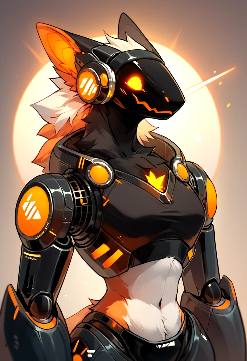 Score_9, score_8_up, score_7_up, score_6_up,  source_anime, solo, science fiction, 1girl, upper body,  midriff, robot, abstract backdrop, mecha, neon trim, glowing parts, orange glowing eyes, protogen, furry, <lora:cool_ASF_mecha_MIX:1>