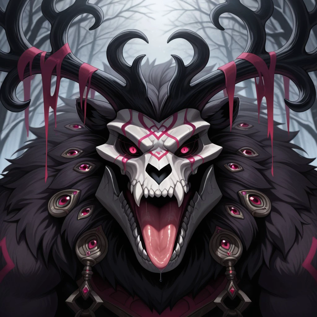 masterpiece, best quality, amazing quality, 1boy, solo, TPvolibear, skull head, antlers, red eyes, close up, open mouth, tongue,