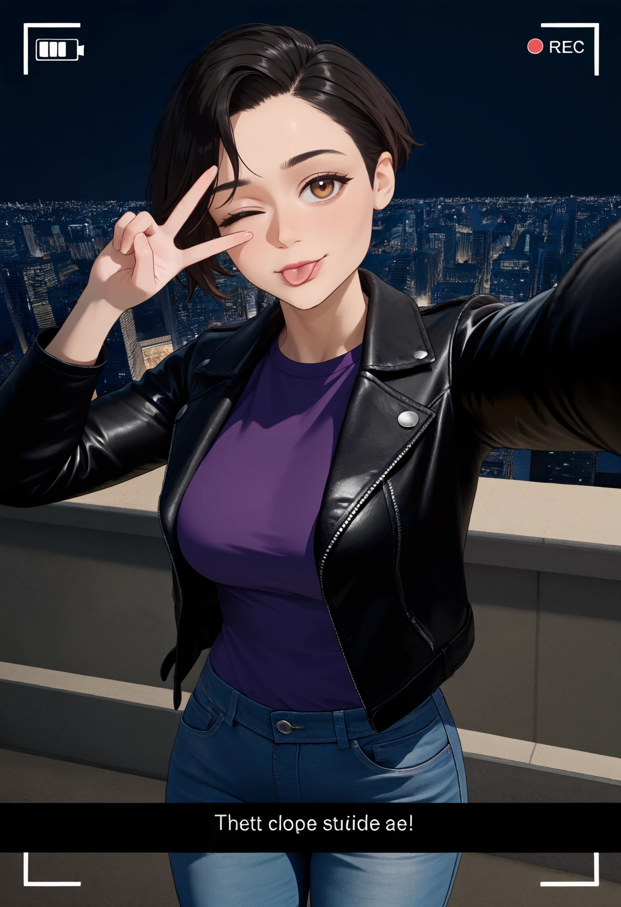 masterpiece, best quality, newest, absurdres, highres, outdoors, cityscape, night, moonlight, 1girl, solo, kaotybirhdn, black hair, short hair, brown eyes, black leather jacket, purple shirt, jeans, selfie, recording, snapchat, tongue out, one eye closed, v over eye, looking at viewer
<lora:Katy OâBrian:1>