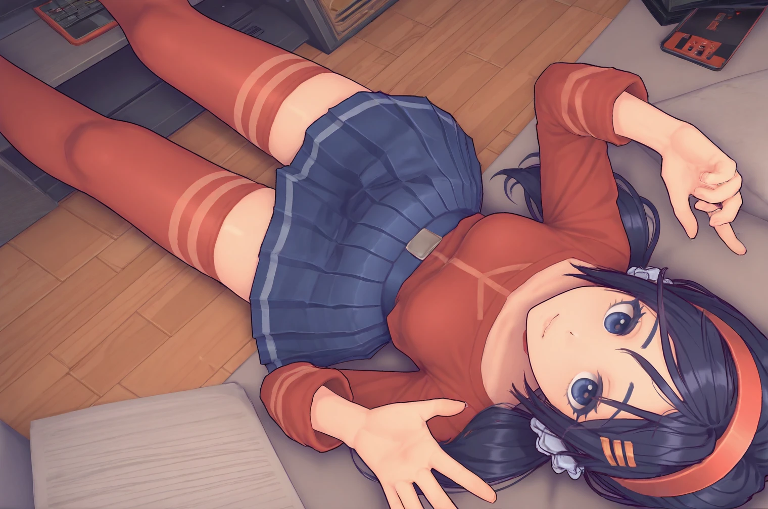 Mita, 1girl, (low twintails), hair scrunchie, hairband red shirt, blue pleated skirt, red thighhighs  blue eyes, masterpiece, best quality, 8k, high resolution, aesthetically pleasing, dark hair,    <lora:Mita-MiSide-4-4-Illustrious-000008:1>