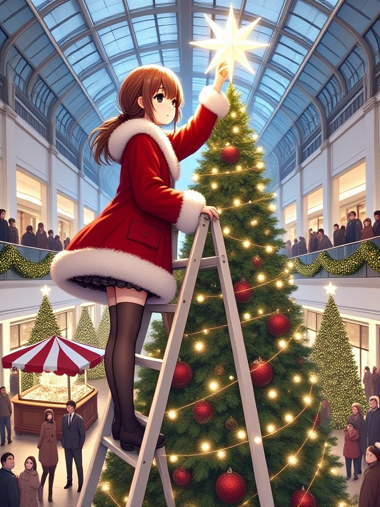 masterpiece, best quality, christmas tree with festive lights, 1girl on stepladder, hand on the star of tree top, brown hair, low ponytail, medium height, slim figure, cleavage, santa hat, fur-trimmed coat, miniskirt, stockings, boots, people, indoors, shopping mall, ceiling, day, <lora:girllikechristmastree_flux:1>