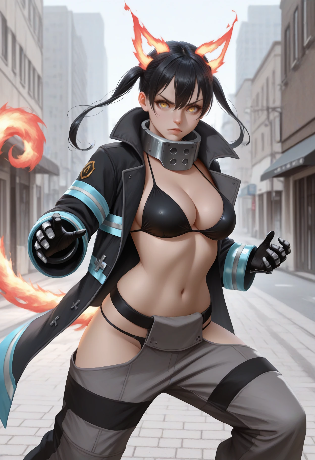 Young guy, short black hair, high ponytail, Yellow eyes, Scars, bloods, confusion, Wounds, Smile, Bandages, red martial arts pants, open torso, Masterpiece, hiquality, 4k, HD, Good detail