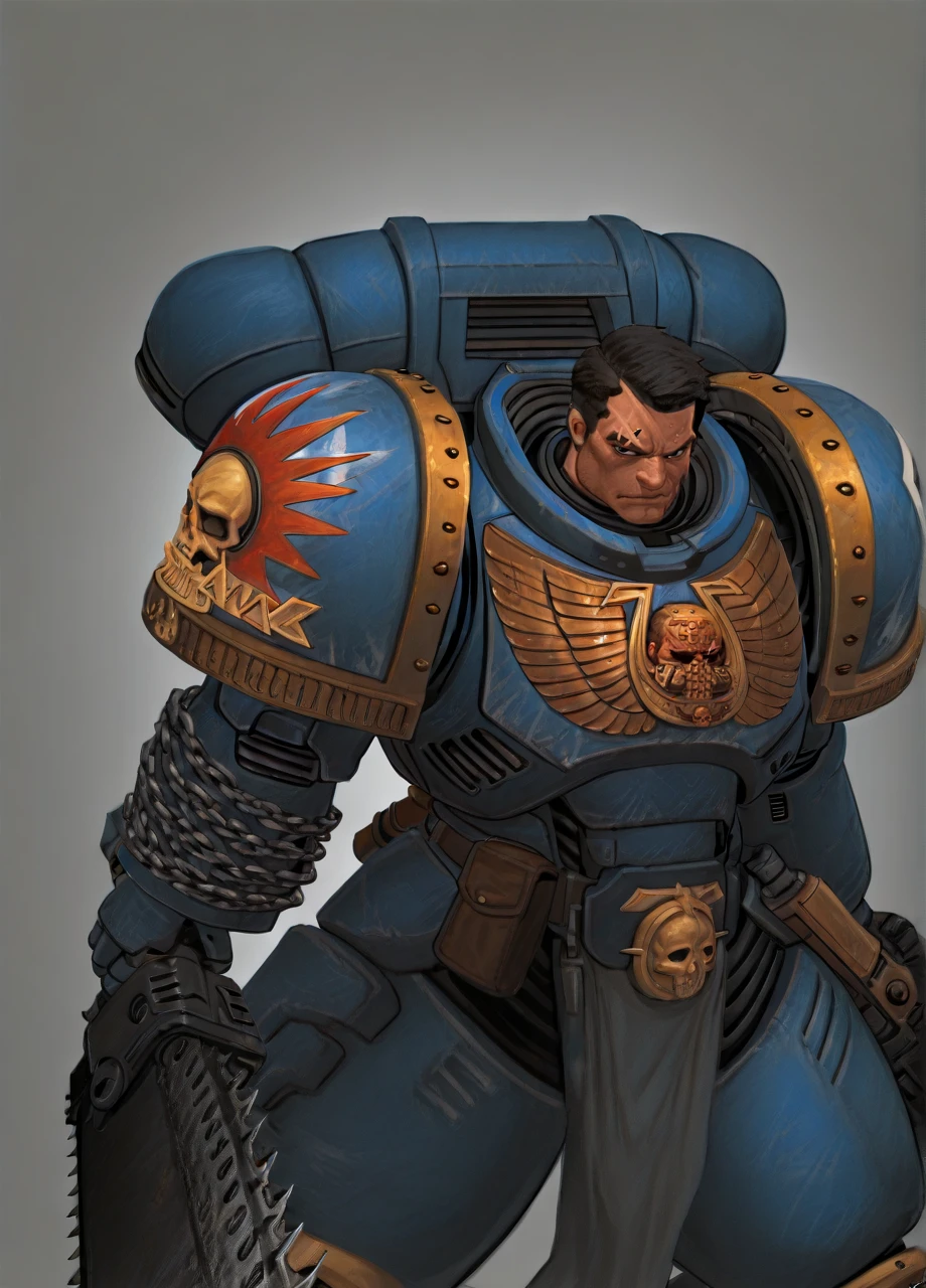 <lora:WH40K_Titus-IL:1> whtitus, mature mael, black hair, black eyes, facial scar, holding weapon, chainsaw blade, solo, ultramarine, emblem, pelvic curtain, pauldrons, power armor, dual wielding, gun, chainsaw blade, masterpiece, best quality, aesthetic