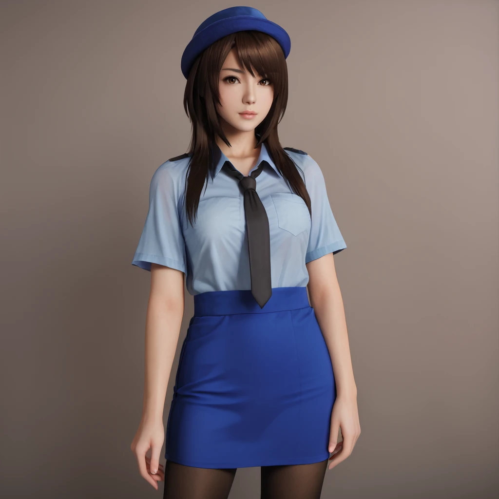 <lora:yurifatalframe_pony_v1:.7>  YuriFatalFrame, 1girl,  lips, brown eyes, brown long hair, cowboy shot,  <lora:0820 tokisaki kurumi policewoman fan costume_v1_pony:1> ruanyi0820,black necktie,blue hat,blue shirt,blue skirt,black pantyhose,short sleeves,skirt