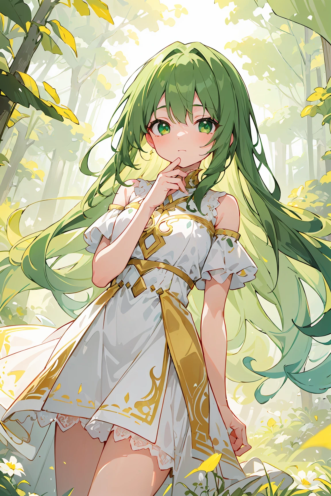 A captivating, dreamlike anime girl standing in a fantastical landscape filled with swirling shades of vibrant yellow, golden yellow, and soft green tones. Her flowing hair is a mix of pale yellow and soft lime green, catching glimmers of warm light and blending seamlessly into the vivid surroundings. Her eyes have a subtle shimmer of bright emerald and golden green, reflecting the ethereal, magical world around her, She wears a delicate outfit with intricate lace patterns and shimmering golden accents, harmonizing with the misty, sunlit background and floating pale green petals. The background is a surreal blend of soft gradients, misty clouds, and faint twinkling green lights, creating an enchanted, serene atmosphere. Delicate butterflies, translucent orbs, and gentle, misty trails float around her, emphasizing the tranquil, otherworldly energy of the scene. The art style is rich in gradients of yellow and green, with smooth, defined lines and soft lighting that add depth and elegance, giving the scene a mystical, dreamlike quality,(dynamic_angle:1.35),(one_hand_on_own_chin:1.2)