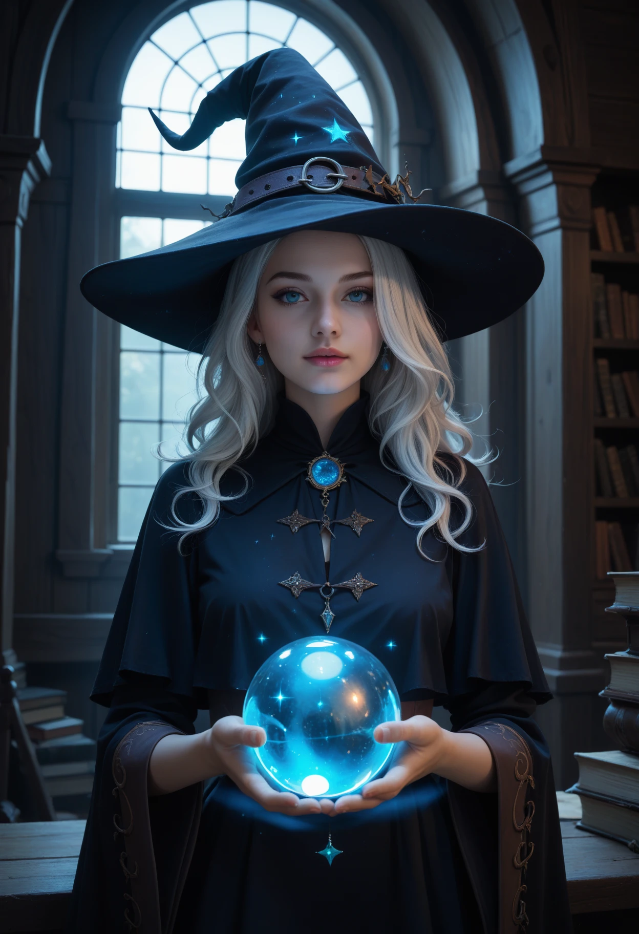 score_9, score_8_up, score_7_up, score_6_up, rating_safe, masterpiece, source_anime.
1 girl, holding a glowing ball, blue glow, looking at object, white long hair, messy hair, witch outfit, witch hat, highly detailed, indoor, witch hut, dark room.
Realistic photo, extremely detailed, fine details, fine texture, incredibly lifelike