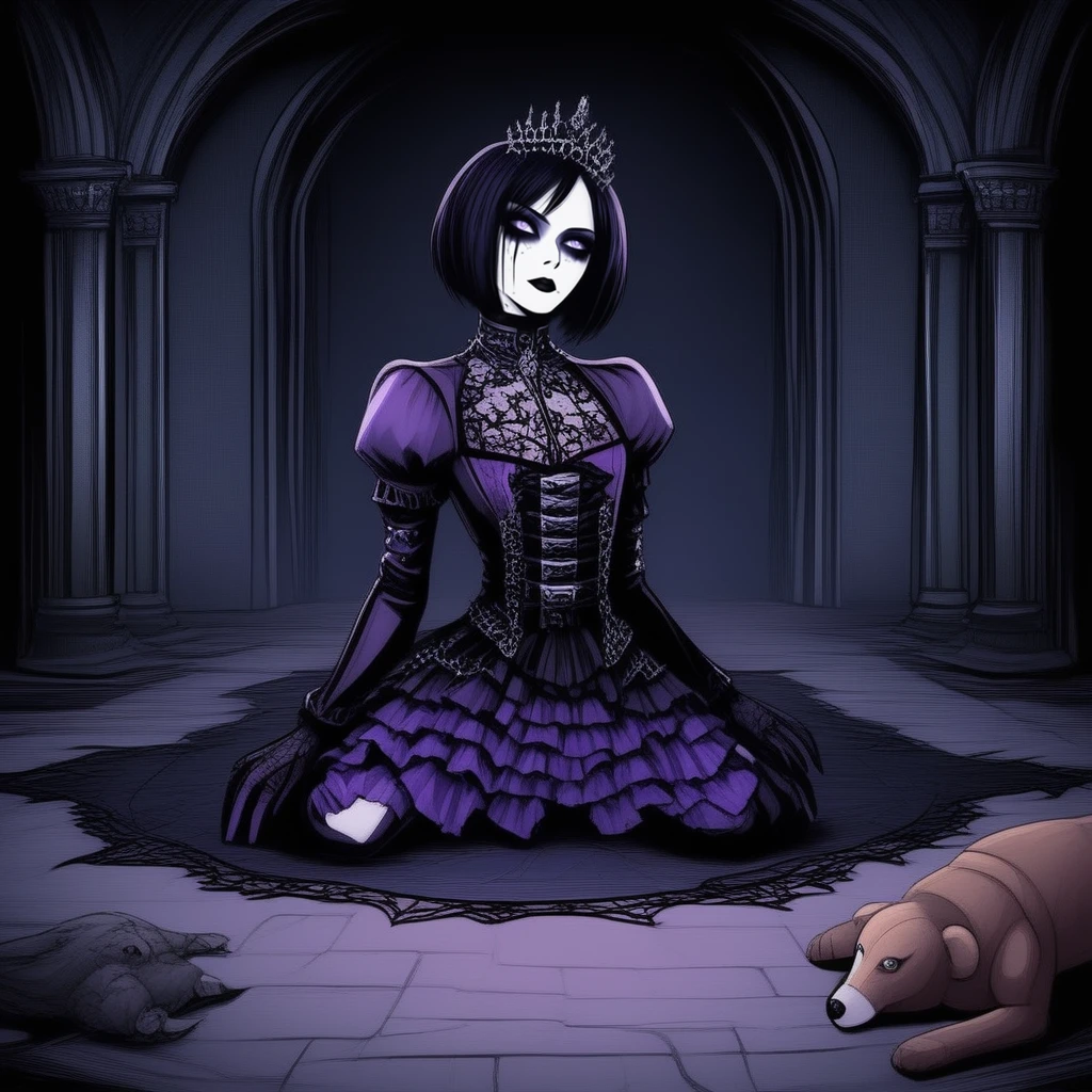 Gothic style  <lora:gothichic- sdxl1.0:1> gothichic, a beautiful girl wearing purple outfit, short hair lying on the floor . Dark, mysterious, haunting, dramatic, ornate, detailed