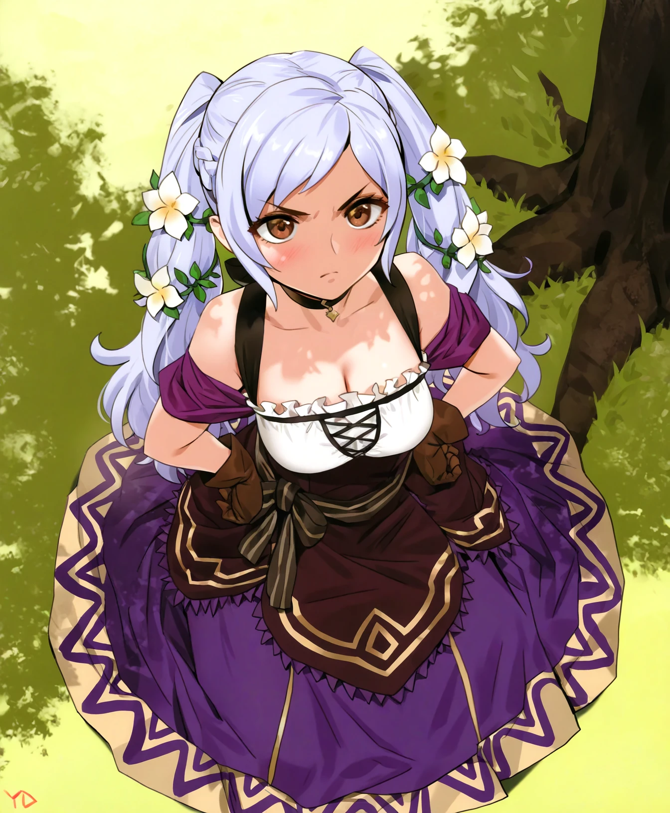 yd \(orange maru\), 
sfw, 1girl, solo, clothed,
robin \(female\) \(valentine\) \(fire emblem\), fire emblem, medium breasts, white hair, grey hair, blue hair, long hair, twintails, hair ornament, hair flower, brown eyes,
v-shaped eyebrows,
BREAK,
from above,
full body,
detailed background,
masterpiece, best quality, absurdres