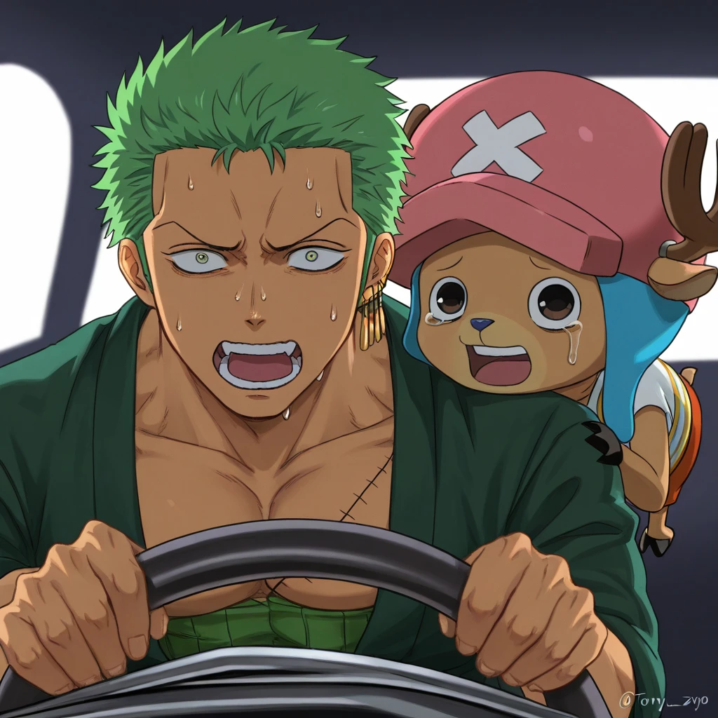 (masterpiece, high quality, amazing detail), highres, power crashes kobeni's car (meme), 2boys, multiple boys, roronoa zoro, tony tony chopper, car interior, holding, steering wheel, look at viewer, crying with wide eyes open, nervous sweating, from front, <lora:power_crashes_car_meme-10:1>