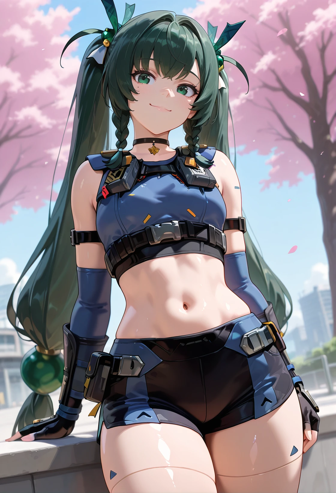 masterpiece,best quality,absurdres, amazing quality, shiny skin
park, cherry blossoms, cowboy shot, smile, standing,
<lora:Qingyi:1> qingyiil, 1girl, long hair, green hair, twintails, green eyes, shorts, gloves, navel, midriff, crop top, braid, twin braids, hair ornament, elbow gloves, choker, short shorts, black gloves, fingerless gloves, android, small breasts, sleeveless, arm strap, very long hair,