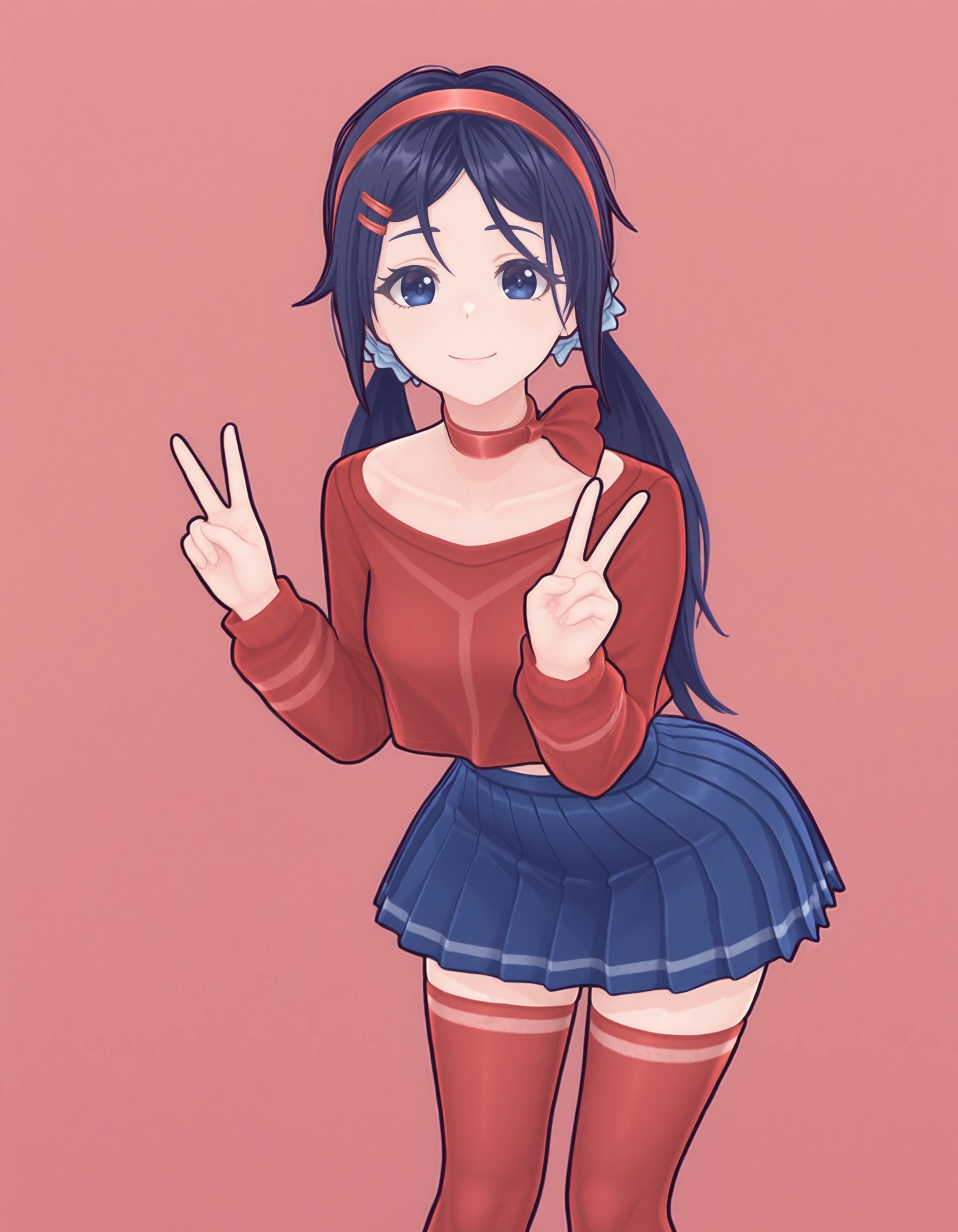 <lora:MitaOGV1:1>,1girl,blue hair,hair ornament,hairband,hairclip,blue hair,long hair,twintails,hair scrunchie,blue eyes,red hairband,red collar,red shirt,long sleeves,blue skirt,pleated skirt,red thighhighs,red socks,miniskirt,crop top,solo,thighhighs,skirt,looking at viewer,jewelry,choker,ribbon choker,
double v,head tily,leaning forward,
simple background,masterpiece,best quality,smile,