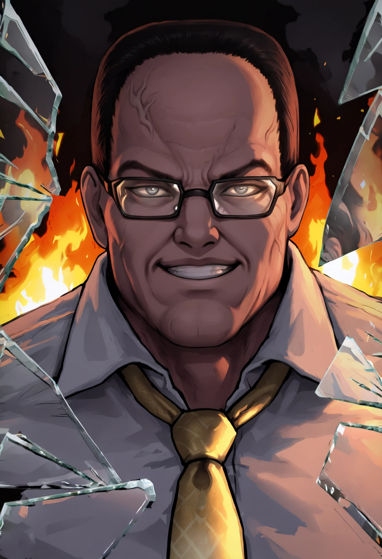 masterpiece, best quality, 1boy, grey eyes, buzz cut, black hair, very short hair, manly, mature male, double chin, black-framed eyewear, veins,
white shirt, yellow necktie,
looking at viewer, grin, serious,
(glass shards, reflection, broken glass:1.3), flames, fire, dark, smoke, glass over face,
<lora:Senator-Armstrong-NoobAi-1.1_V1-Manityro-CAME:1.0>,
<lora:BrokenGlass_illusXL_Incrs_v1:1.4>