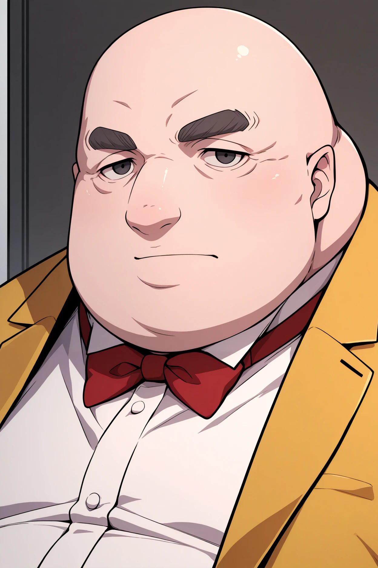 masterpiece, best quality, 1boy, solo, male focus, <lora:p5principal-illu-nvwls-v1-000006:1> p5principal, obese, fat man, bald, black eyes, thick eyebrows, yellow jacket, formal, white shirt, red bow tie, upper body, looking at viewer, closed mouth, office, fat face, beady eyes, stare