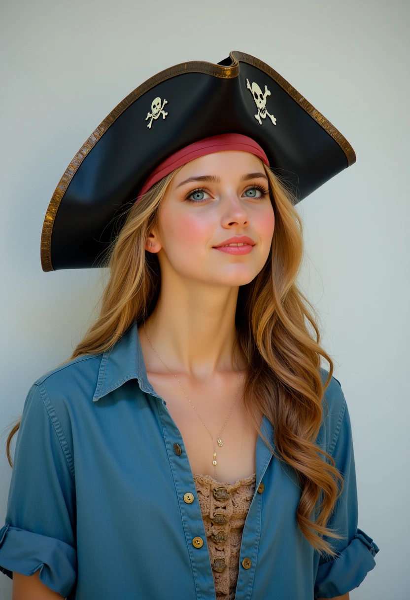 headshots, multiple angles,photoshoot poses; the image is a portrait of a young woman. she is standing. she has piercing eyes. A photo of P@tty_the pirate, wearing a pirate hat and a blue shirt. She has long blonde hair and is looking to the side. The image is a digital illustration, with a whimsical and playful style.. She has happy look on her face. she is laughing with her mouth open. The background is a simple white wall. The overall mood of the image is happy.RAW candid cinema,16mm,color graded portra 400 film,remarkable color,ultra realistic,textured skin,remarkable detailed pupils,realistic dull skin noise,visible skin detail,skin fuzz,dry skin,shot with cinematic camera,detailed skin texture,(blush:0.2),(goosebumps:0.3),subsurface scattering,beautiful photograph in the style of Augustus John,Sergio Toppi,Virginia Frances Sterrett,8k HD,detailed skin texture,ultra realistic,textured skin,analog raw photo,cinematic grain,whimsical.perfection style