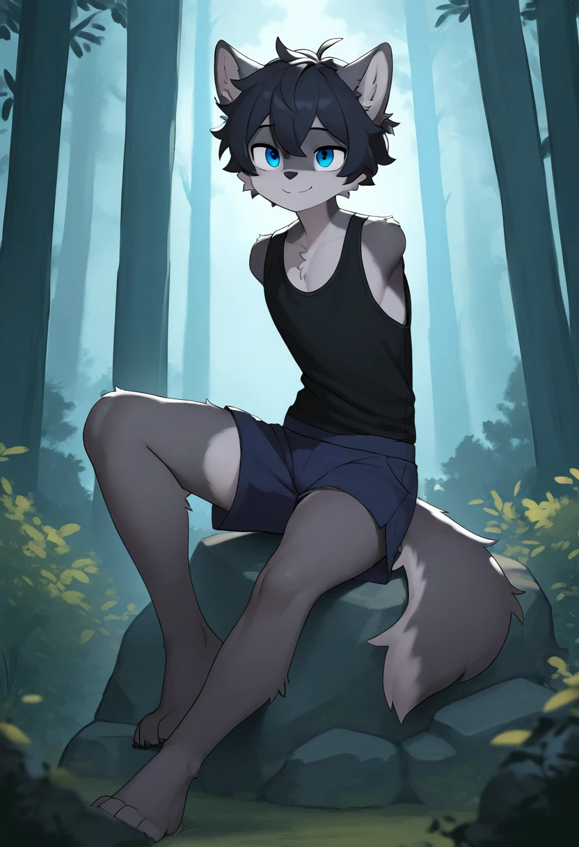 masterpiece, best quality, newest, absurdres, highres, mammal, anthro, furry, 1boy, solo, cute, blue eyes, messy hair, grey fur, short hair, armless, smile, tank top, wolf, shorts, barefoot, forest, adventure, <lora:armless_noobs_90_a_r16_fp16:1>