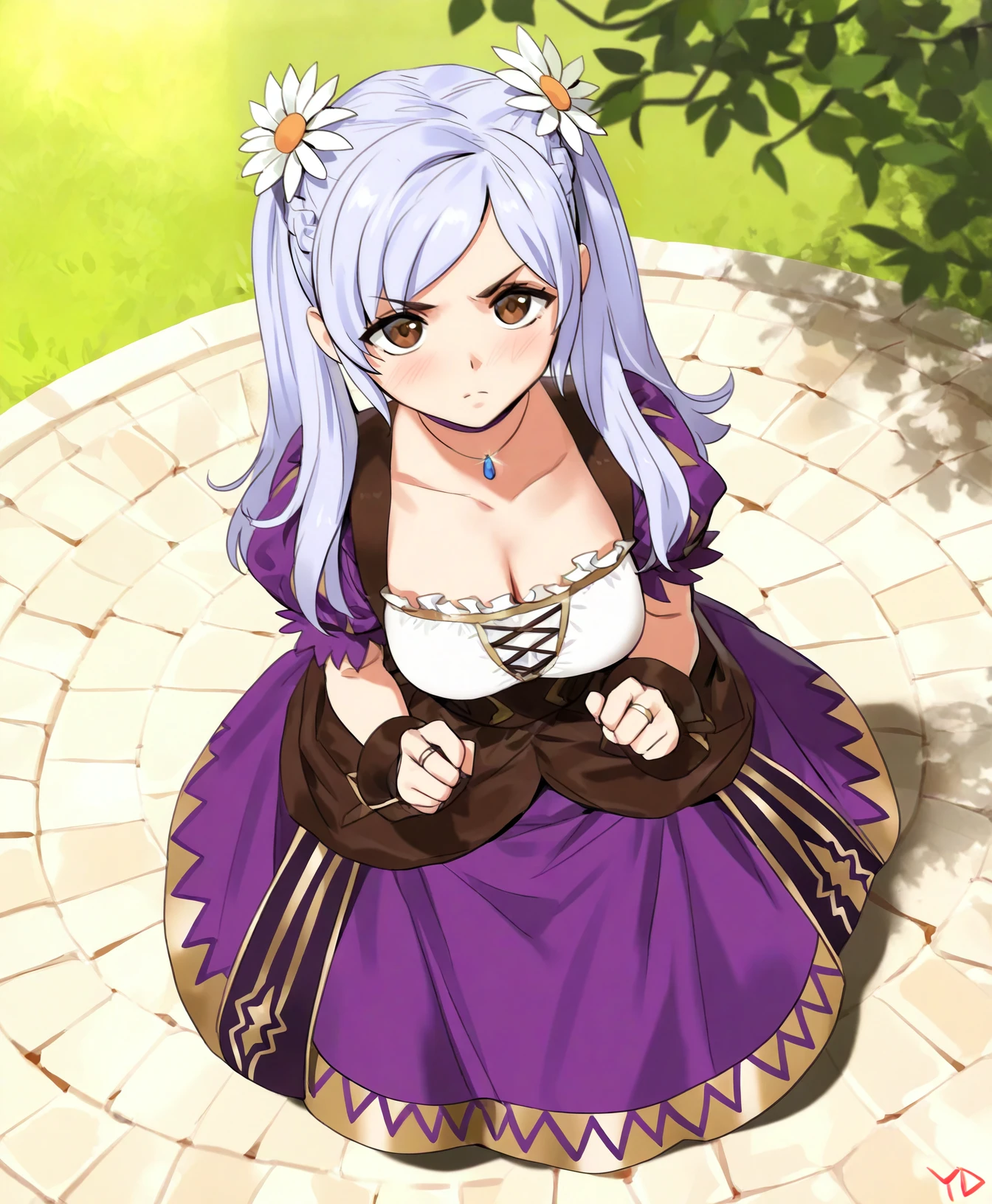 yd \(orange maru\), 
sfw, 1girl, solo, clothed,
robin \(female\) \(valentine\) \(fire emblem\), fire emblem, medium breasts, white hair, grey hair, blue hair, long hair, twintails, hair ornament, hair flower, brown eyes,
v-shaped eyebrows,
BREAK,
from above,
full body,
detailed background,
masterpiece, best quality, absurdres