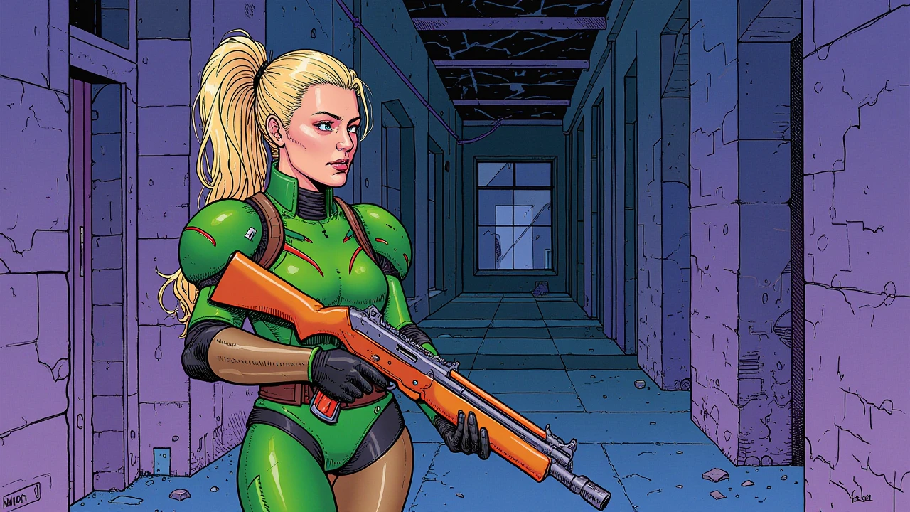 illustration in mb artstyle, Young woman, late 20s, fair-skinned, medium height, athletic build, blonde hair in ponytail, wearing detailed sci-fi armor costume in green and brown colors, holding large sci-fi shotgun, black gloves, walking down a very dark and completely pitch black abandoned hallway, aiming down the sides of her guns