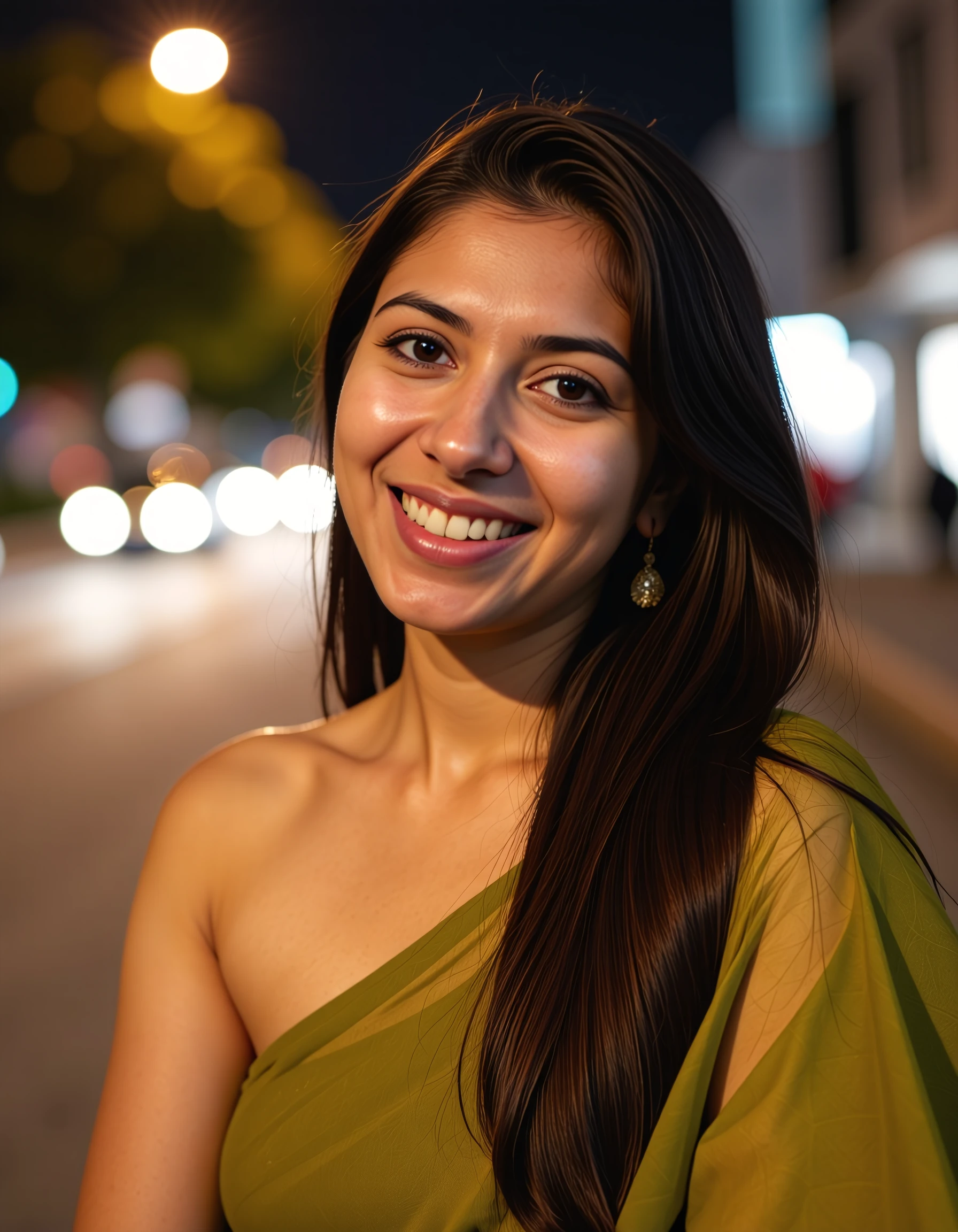 night-time close_up photo of a well dressed desi woman, wearing dark-Lime colored Lehenga Choli, happy,solo focus, city light in background bokeh <lora:Desi_Coffee_Flux_Kohya_LoHa_v2:0.8>âââ