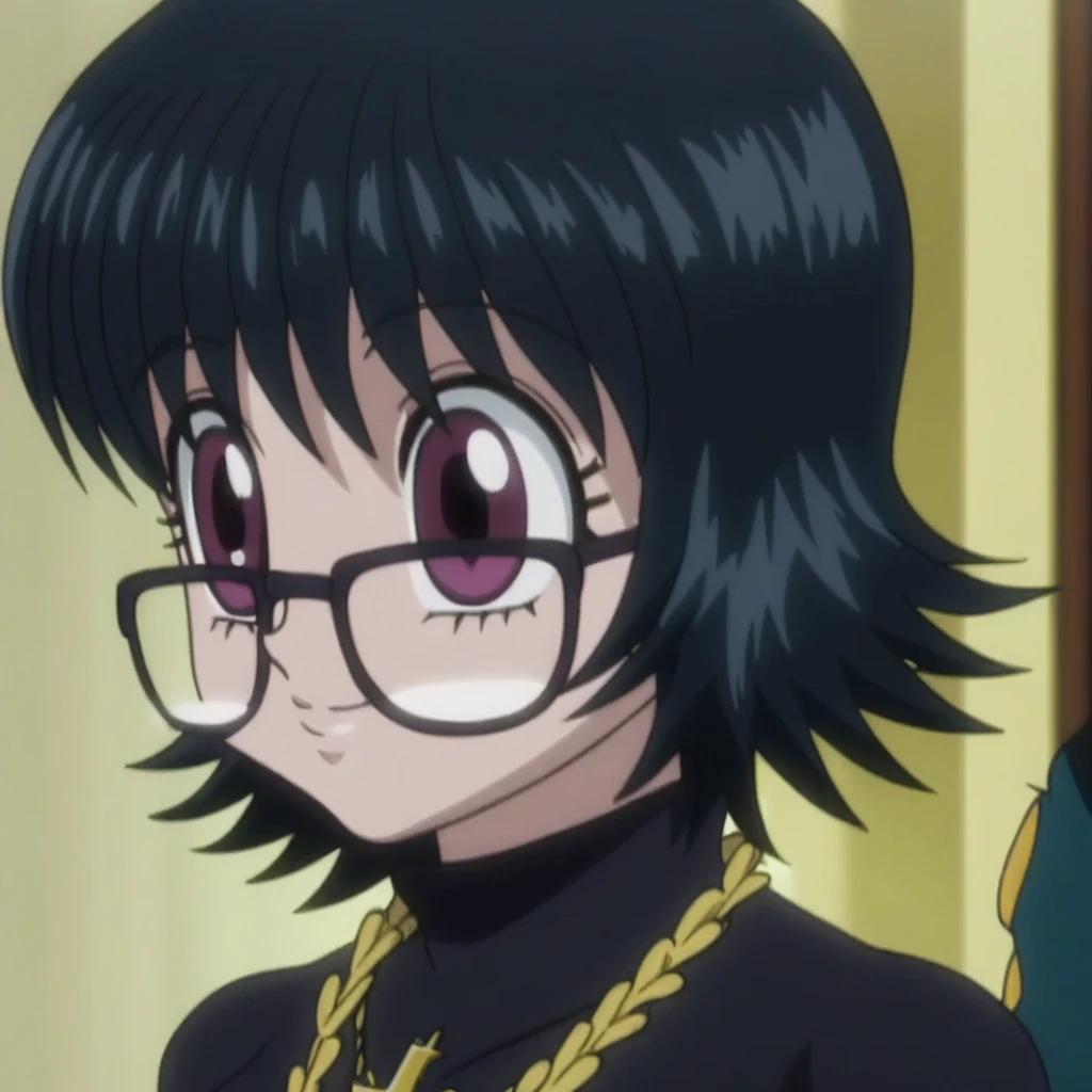 shizukuscreencap, shizuku murasaki, black hair, short hair, purple eyes, black-framed eyewear, black turtlekneck, long sleeves, medium breasts, reversed cross necklace, portrait, smiling,