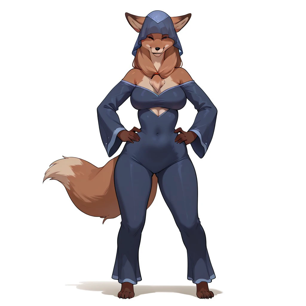by skwidbone, kyameta1, by bebebebebe, by zakro_zkzk25, solo, female, muscular, canine, hair, snout, scar on snout, standing, smug, smile, see through blue leotard, open black short parka, cameltoe