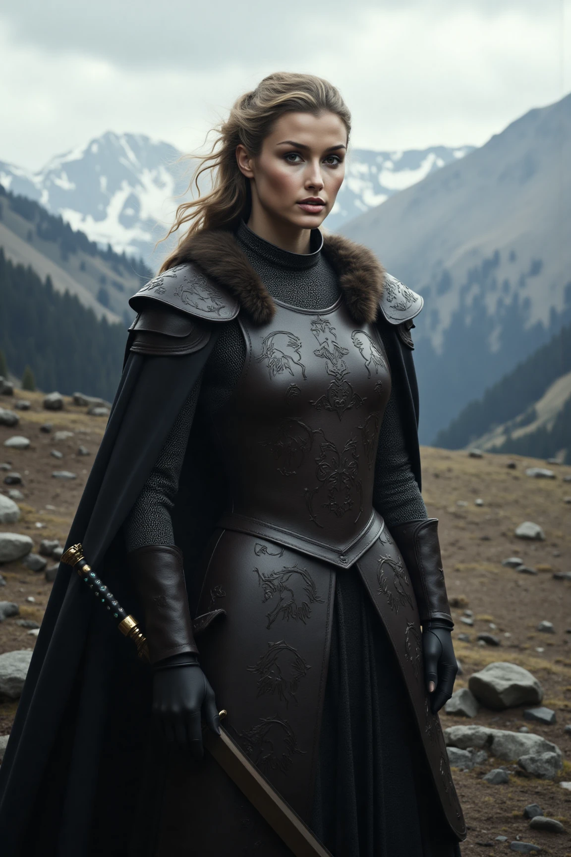 Create a hyper-realistic portrait of a regal woman inspired by the "Game of Thrones" aesthetic, but dressed in battle-ready attire. She stands in a windswept mountain pass, her armor gleaming under the muted sunlight. Her outfit combines elegance with practicality: a fitted leather cuirass adorned with intricate carvings of wolves and stars, layered over chainmail. A dark cloak with a fur-trimmed collar billows behind her, hinting at her noble lineage. She carries a finely crafted longsword at her side, its hilt encrusted with subtle gemstones. Her piercing gaze reflects both beauty and unyielding strength. The scene is detailed with rugged terrain, distant snow-capped peaks, and the faint howl of the wind, evoking an air of mystery and power