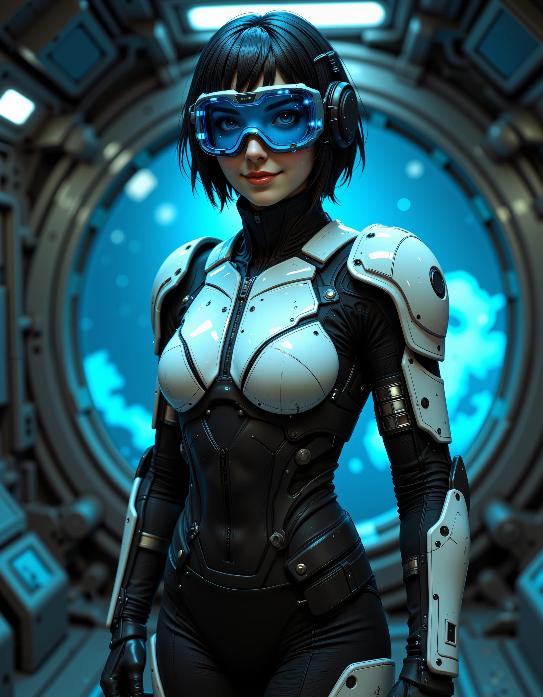 Full body standing Portrait of a beautiful woman tech sorceres wearing big blue tech-goggles, covered in little lights and tubes. sci-fi goggle with visible glowing HUD. She has short black hair and is smiling at the viewer. She wears Tight black clothing with white panel tech-armor. The armor is scuffed and worn. The background is a futuristic spaceship interior. Surrealistic hyperreal render footage, tech demo, fine RTX global illumination. Sci-fi Aesthetic. Video game trailer scene. Cinematic post processing and color grading. The background is a dimly lit steel hull spaceship interior. Low lighting and windows that show space outside.