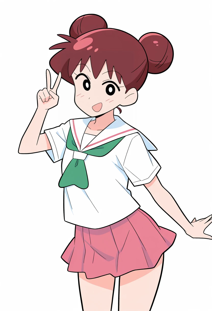masterpiece, best quality, absurdres, highres, detailed background,
<lora:skurada_mimiko_crayon_shin-chan:1> 1girl, hair bun, brown hair, double bun, sakura mimiko,school uniform, pink skirt, v sign, simple background, white background,
