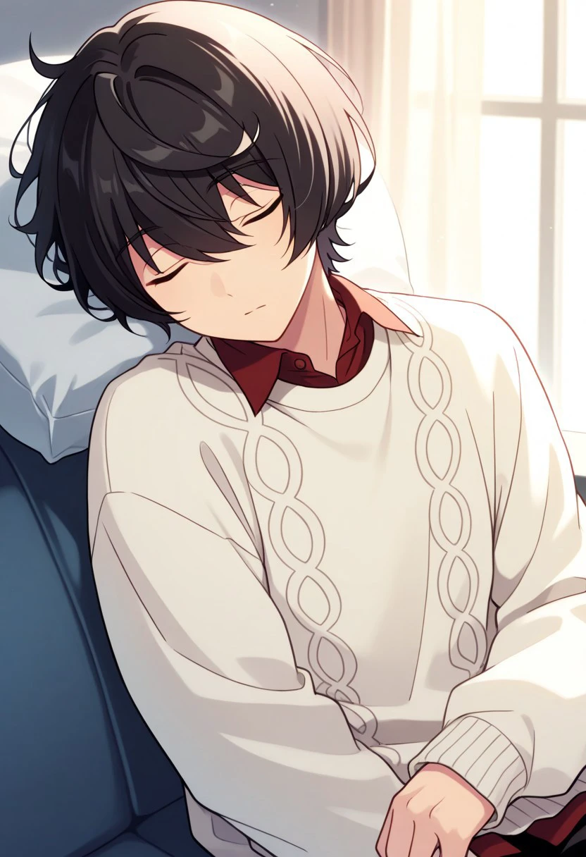 masterpiece, best quality, 
ritsusakuma, 1boy, male focus, solo, closed eyes, black hair, short hair, bangs, hair between eyes, shirt, red shirt, sweater, white sweater, long sleeves, sleeping
indoor,